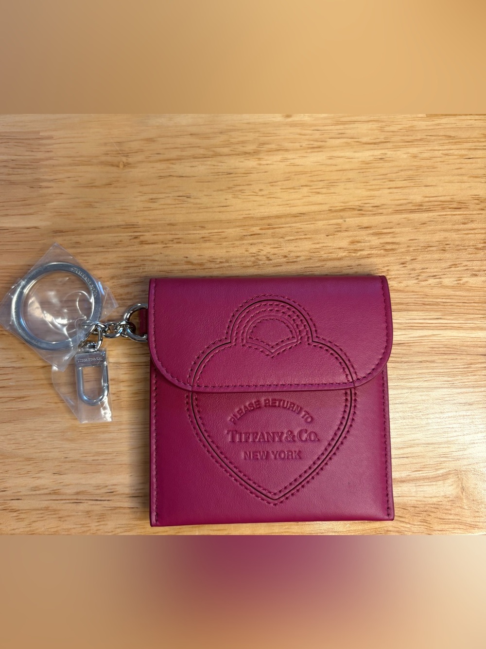 Tiffany & Co. Fuschia Heart Embossed Leather Wallet with Keyring - Picture 2 of 4